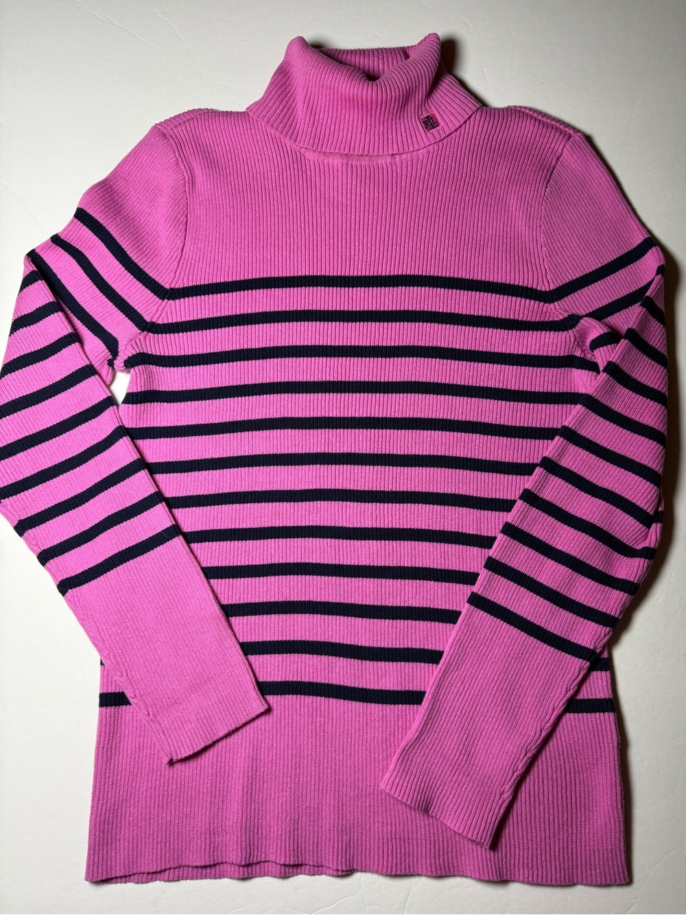 Lauren Ralph Lauren XL Pink Navy Stripe Cotton Ribbed Turtleneck Sweater